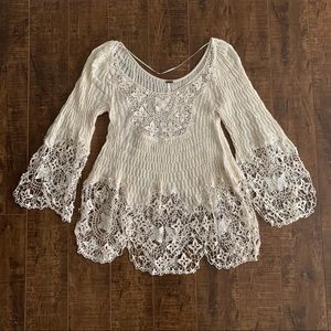 Free People Long Sleeve Boho Cream Shimmery Lace Tunic Size XS